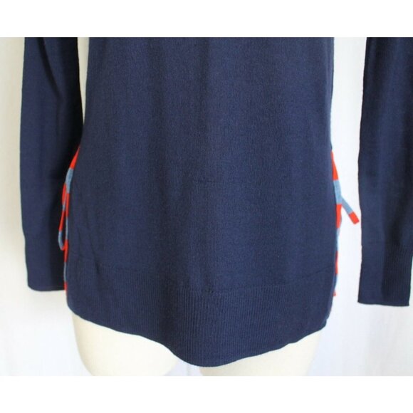 J CREW SIDE SLIT SWEATER WITH STRIPE TIES MERINO WOOL NAVY XXS G1076 DEFECT - Picture 6 of 7